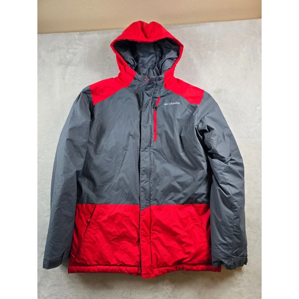 Columbia Jacket Kids XL 18/20 Gray Red Nylon Thick Insulation Hooded Puffer